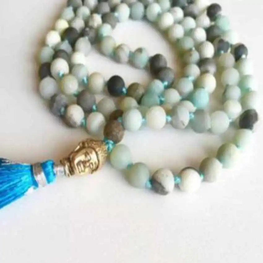 8mm Natural 108 knot Amazonium Buddha beads tassels necklace Hipster Tranquility Prayer Relief Rustic Yoga  Men