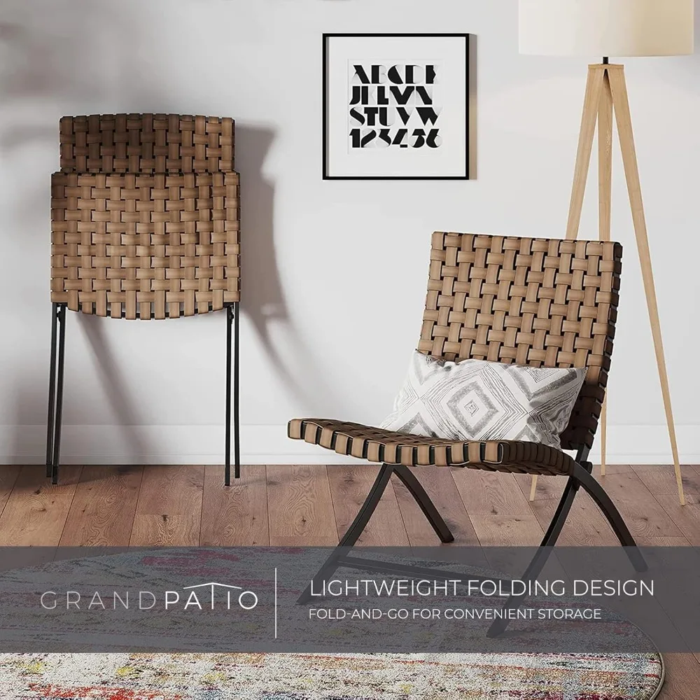 3 Piece Leather Texture Wicker Patio Chairs, Foldable Balcony Furniture Set with Outdoor Lounge Seating and Side Tab 4