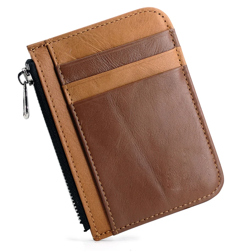Men's Genuine Leather Minimalist Wallet - Ultra Thin Zipper Coin Pouch with Credit Card Holder (Small Money Bag)