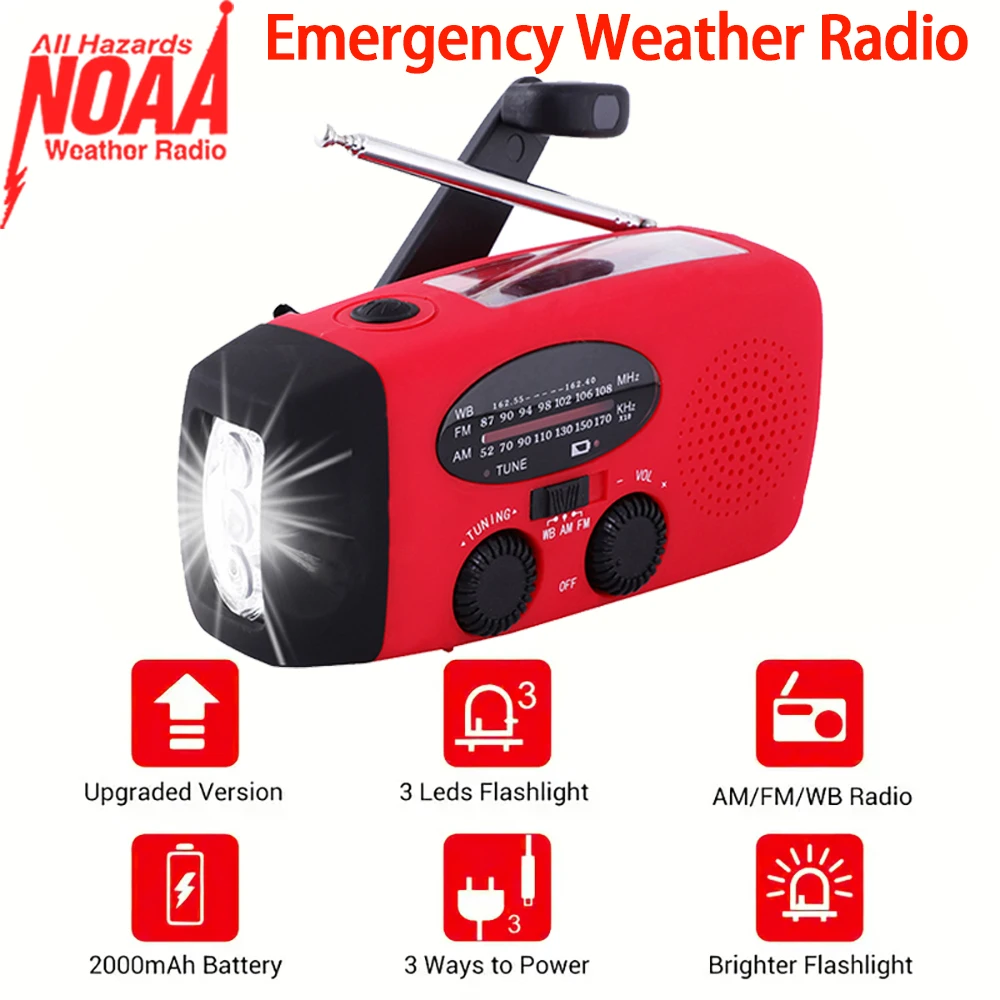 2000 mAh Emergency Flashlight with FM/AM Radio Function Solar Flashlight for Cell Phone Charging Emergency Light Portable Lights