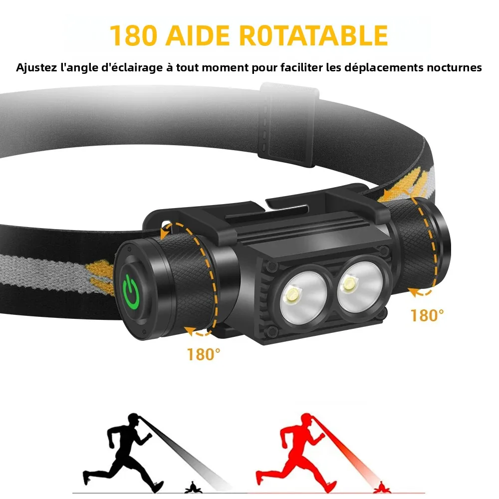 BORUiT D25 double lampe frontale LED 2000LM phare puissant type-c Rechargeable 18650 torche