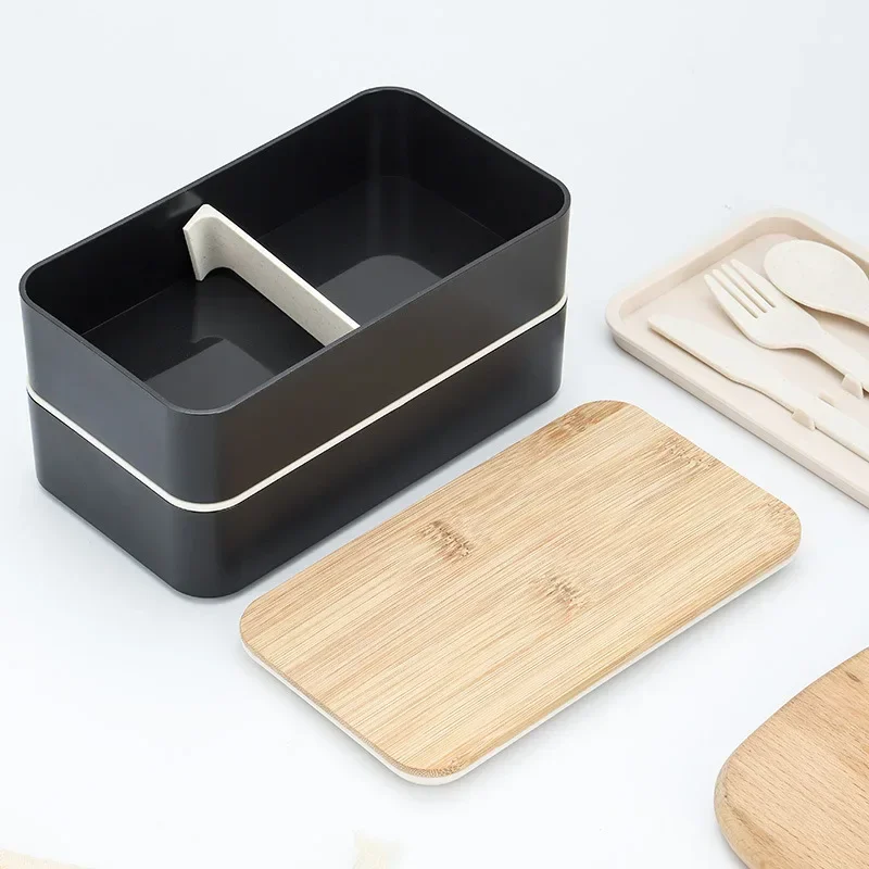 New Japanese Style Bento Box, Minimalist Double-layer Lunch Box with Knife, Fork, Spoon, Divided Student Lunch Box