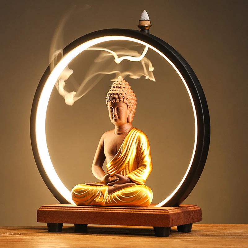 New Ceramic Backflow Incense Burner Holder Sakyamuni Buddha Tathagata Buddha Statue LED Lamp Fragrance Zen Ornament Home Decor images - 6