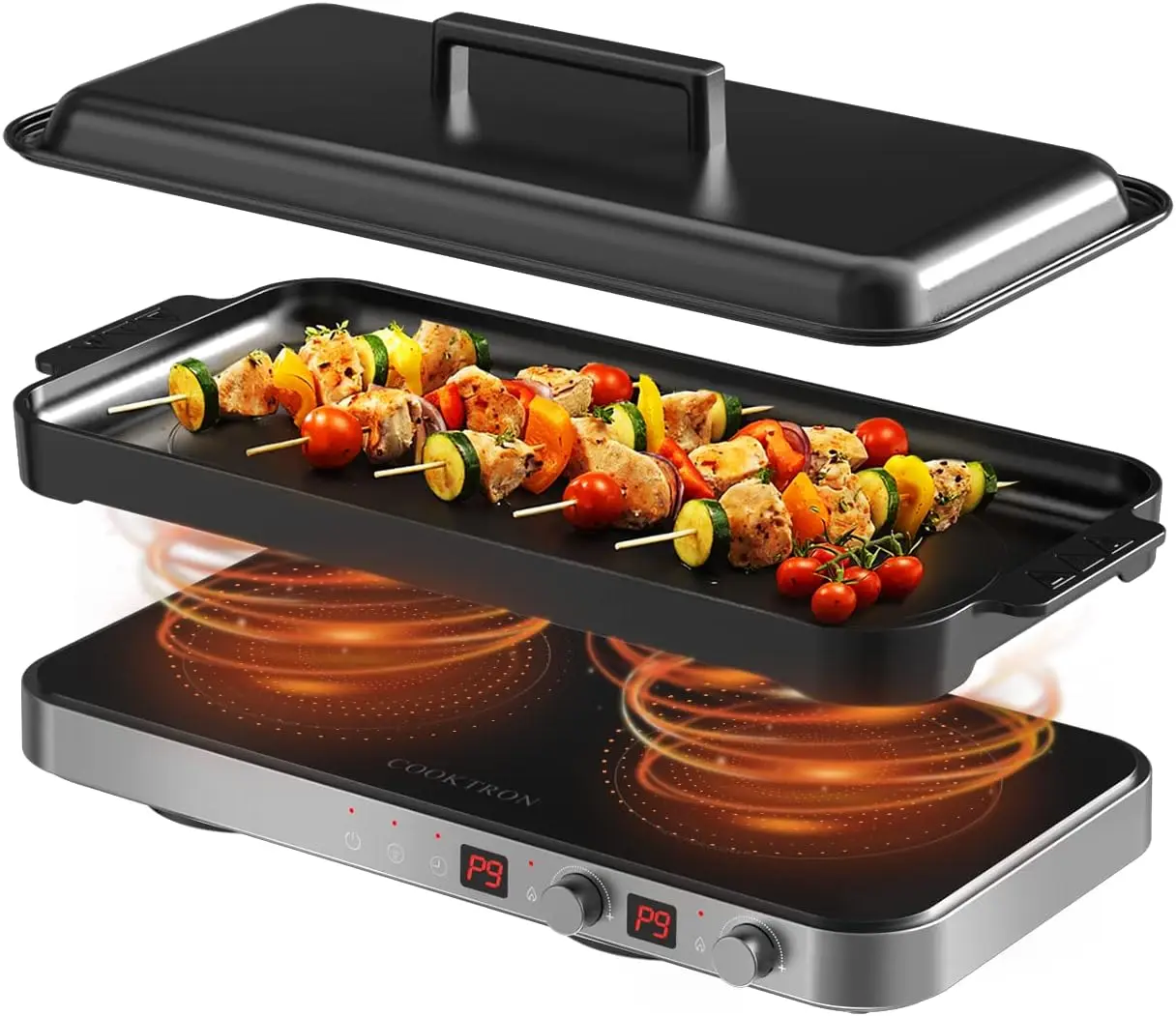 

Induction Cooktop 2 Burner with Removable Iron Cast Griddle Pan Non-stick, 1800W Double Induction Cooktop with Child Safety Loc