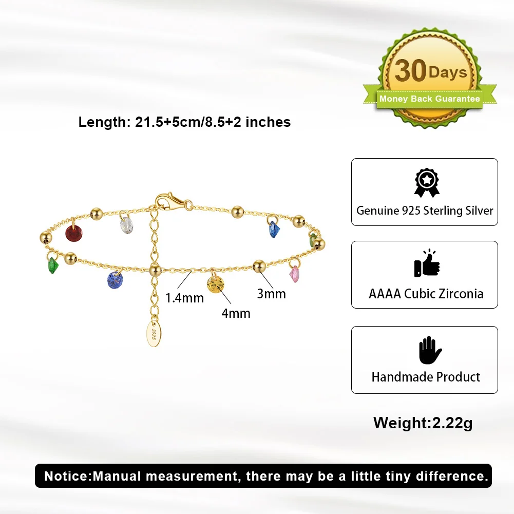KISS MANDY 925 Sterling Silver 5A Multi-Colors CZ Foot Bracelet for Women Party Fashion Colorful Anklet Rhodium Jewelry SA93