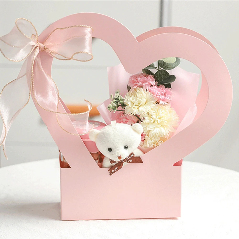 Flowers Arrangement Kraft Paper Bag Folding Portable Flower Packaging Box Waterproof Flower Basket Heart Handle Gift Tote Bags flower bags