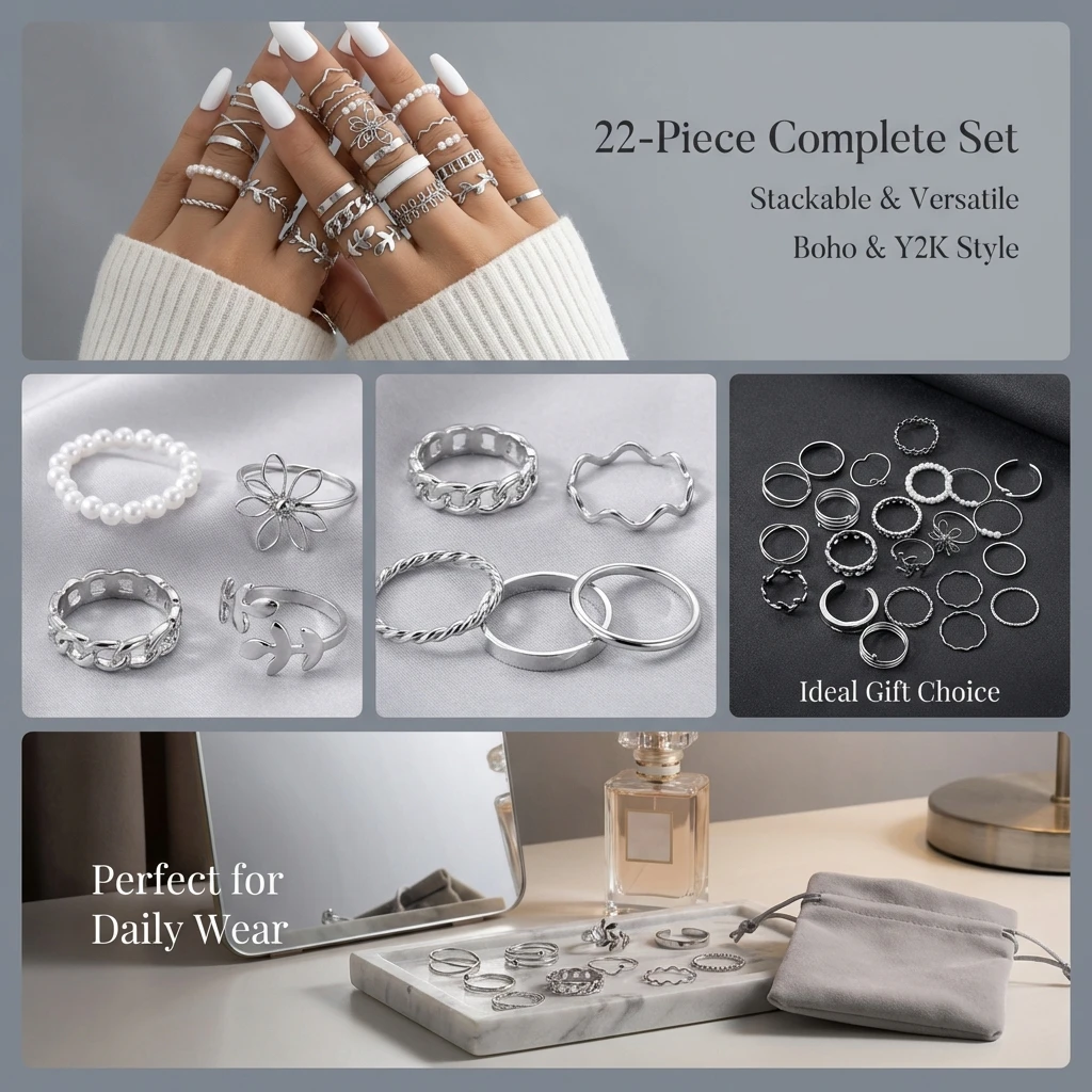 22-teiliges Set Silberfarbene Ketten Geometrische Knöchelringe Set für Frauen Y2K Hohle Blumen Schmetterling Fingerringe Schmuck Geschenk Party – Detail 2
