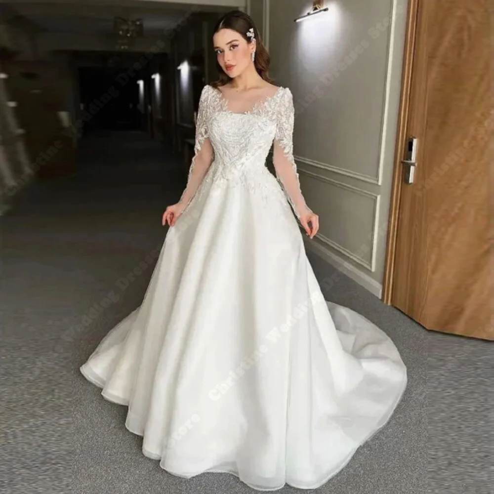 Glitte Chiffon Women Wedding Dresses Elegant Charming Bridal Gowns Lace Long Sleeves Mopping Length Vestido De Novias Customized 3