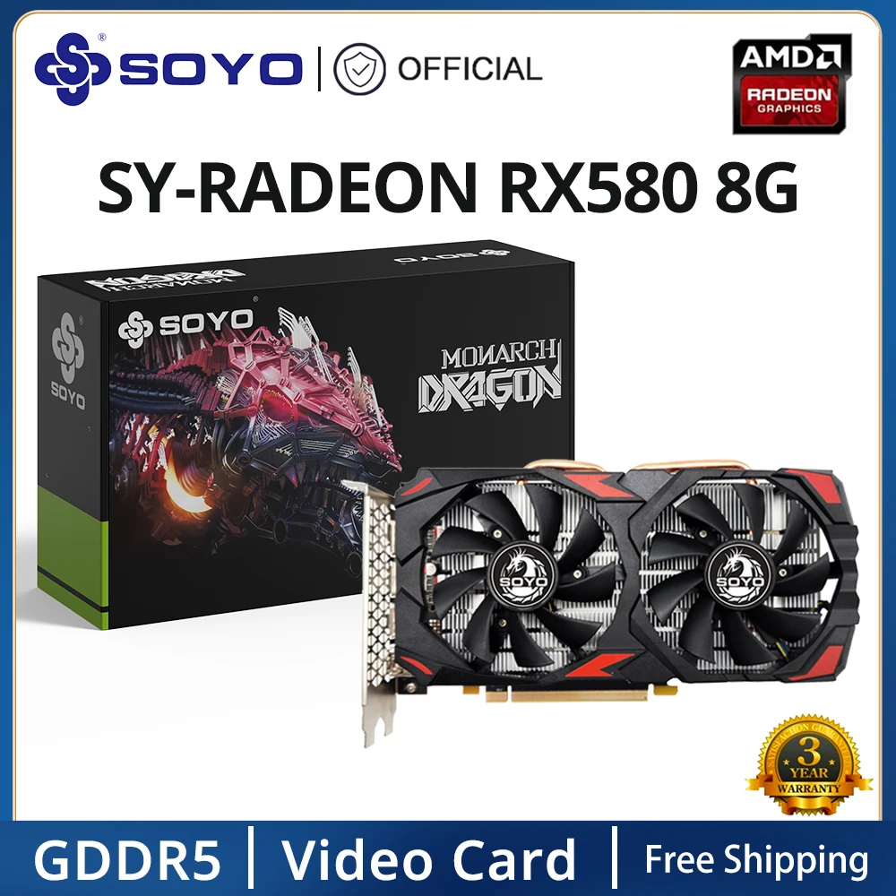 

SOYO Radeon RX580 8G Graphics Card GDDR5 Memory Video Gaming Card PCIE3.0x16 HDMI-compatible DP DVI for Desktop AMD Card