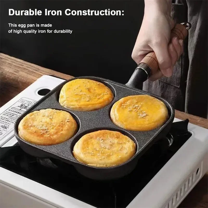 4-Hole Breakfast Burger Egg Pancake Maker Wooden Handle Non Stick Cookware Pancake Pan Frying Pot for Gas Stove Induction Cooker