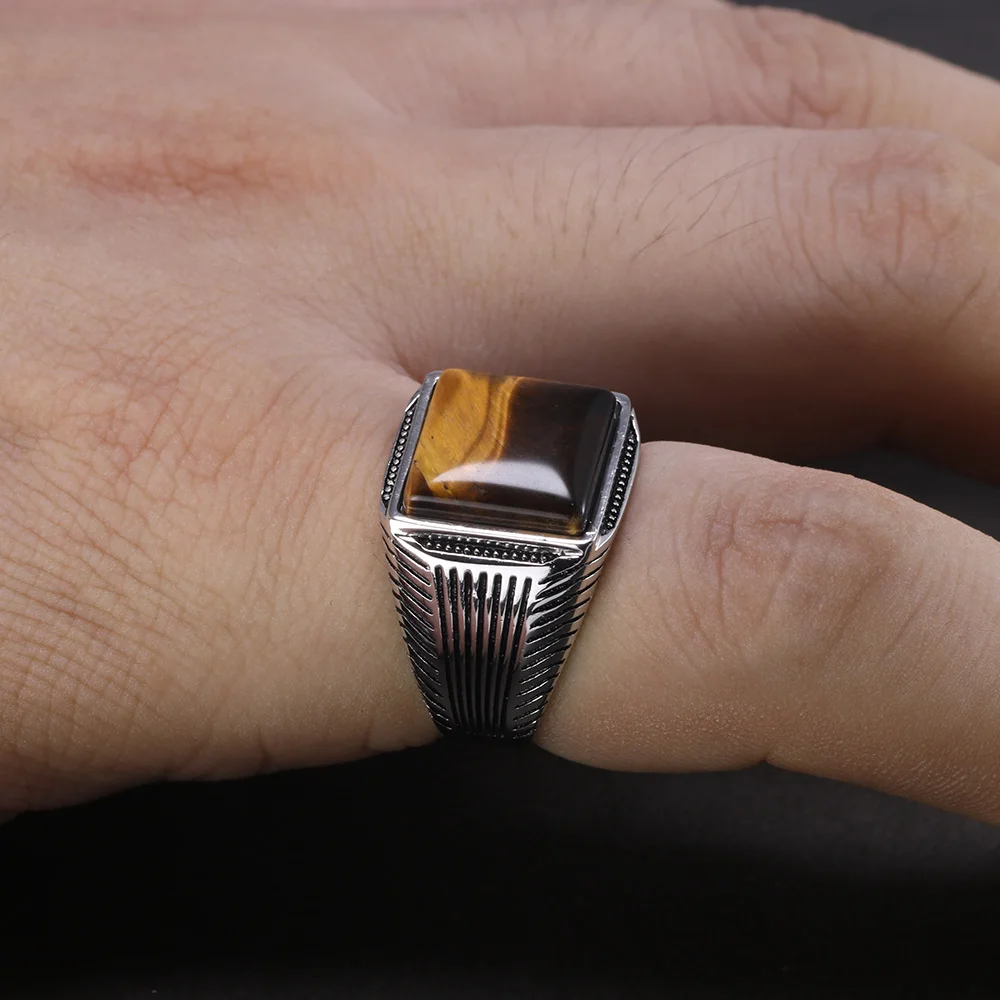 Silver Rings Man Ring Tiger Eyes Natural Stone Stripe Pattern Ringen