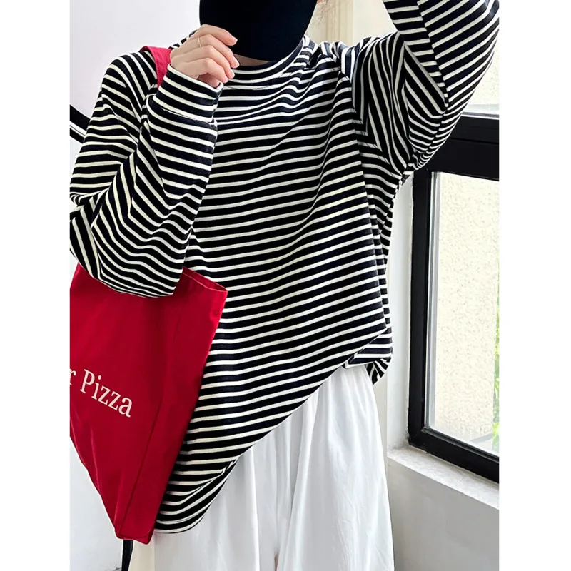 

Autumn Pullover Striped Sweatshirts Womenr Round Neck Loose Raglan Sleeve Tops For Minimalist