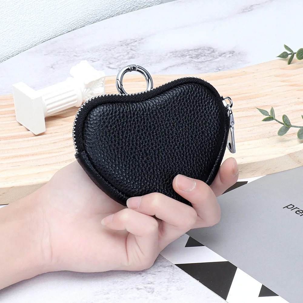 New Genuine Leather Heart Shaped Ladies Change Purse Girls Leather Coin Purse Earphone Coin Storage Bag Key Wallet with Key Ring