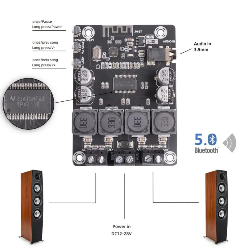 12v 24v Board Amplificador Wireless Connection Bluetooth Digital Power Amplifier 3.5mm Stereo Input Amplifier Module 2x45w