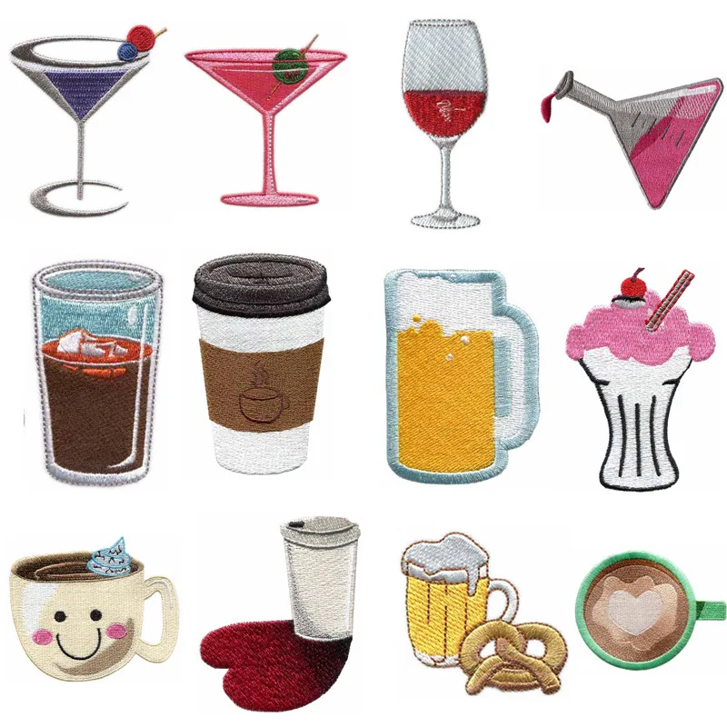 Fine Red Wine Glass Beer Cup Coffee Bottle Martini Perfume Drink Embroidery Patches for Clothing Iron on Clothes Appliques Badge