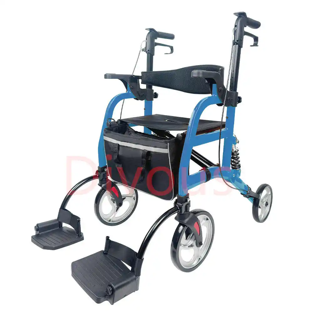 Free shipping Transport Rollator Rolling Walker Combo with Hand Activated Brakes and Back Support 2