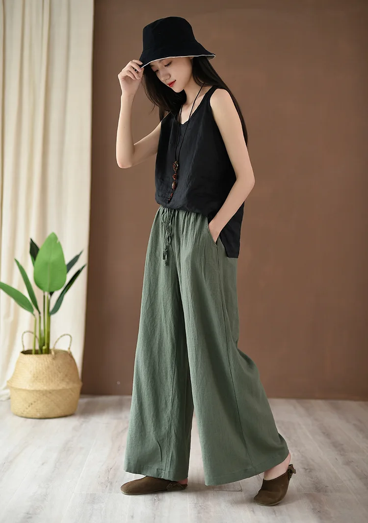 cropped leggings Full Length Wide Leg Pants Vintage Loose Elastic Waist Solid Color 2022 New Summer Clothes Pockets Women Pants RV874 carhartt pants