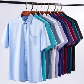 2024 NEW IN Summer Men's Shirt Non-Ironing Anti-Wrinkle Business Casual Solid Color Elastic Smooth Short Sleeves Work Social