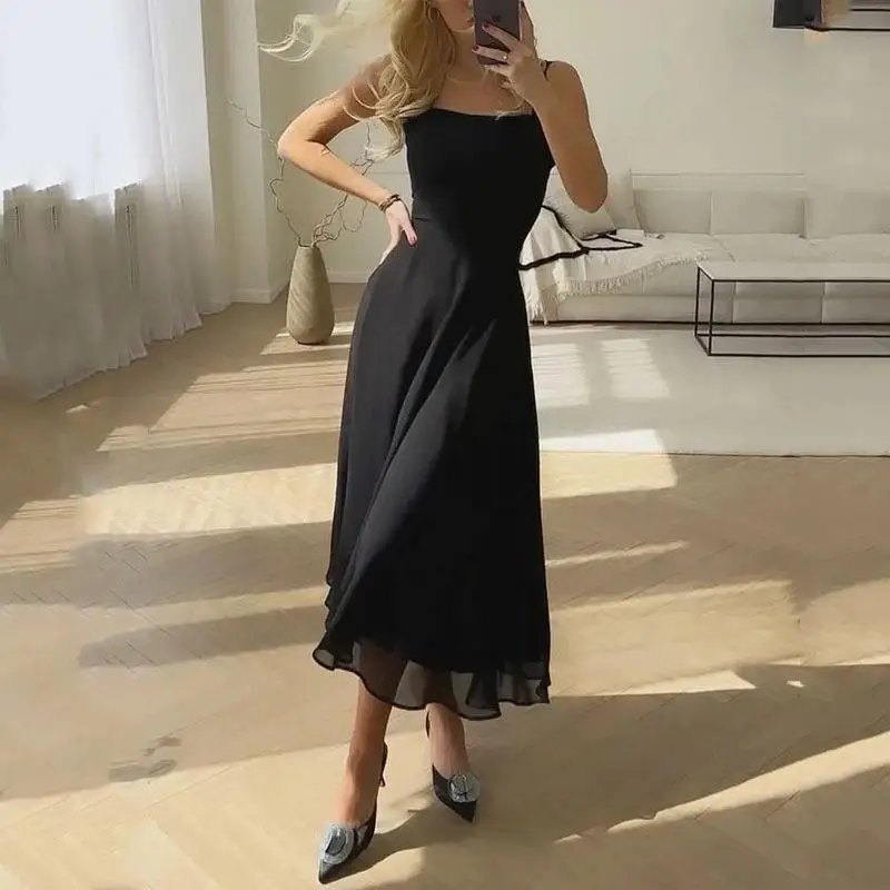 

Summer New Square Neck Sling Style Waist Wrap Dress Elegant Long Dress