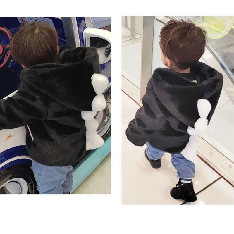 Boys And Girls Cotton Coat Children's Dinosaur Theme Hooded Zipper Winter Jacket Sweet Baby Plush Thick Imitation Fur Parka