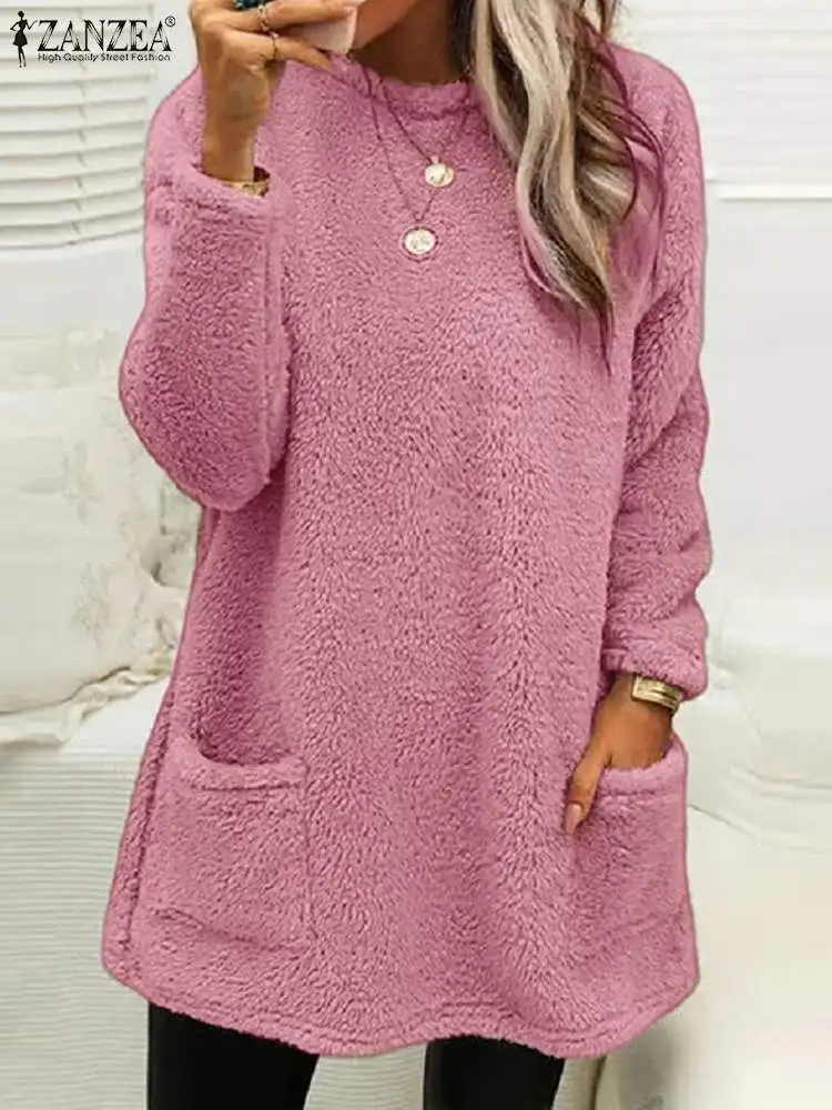 

2023 зимняя Толстовка с длинным рукавом ZANZEA женские модные пуловеры свитера уличные Теплые Топы из искусственного меха повседневные свободные толстовки с карманами