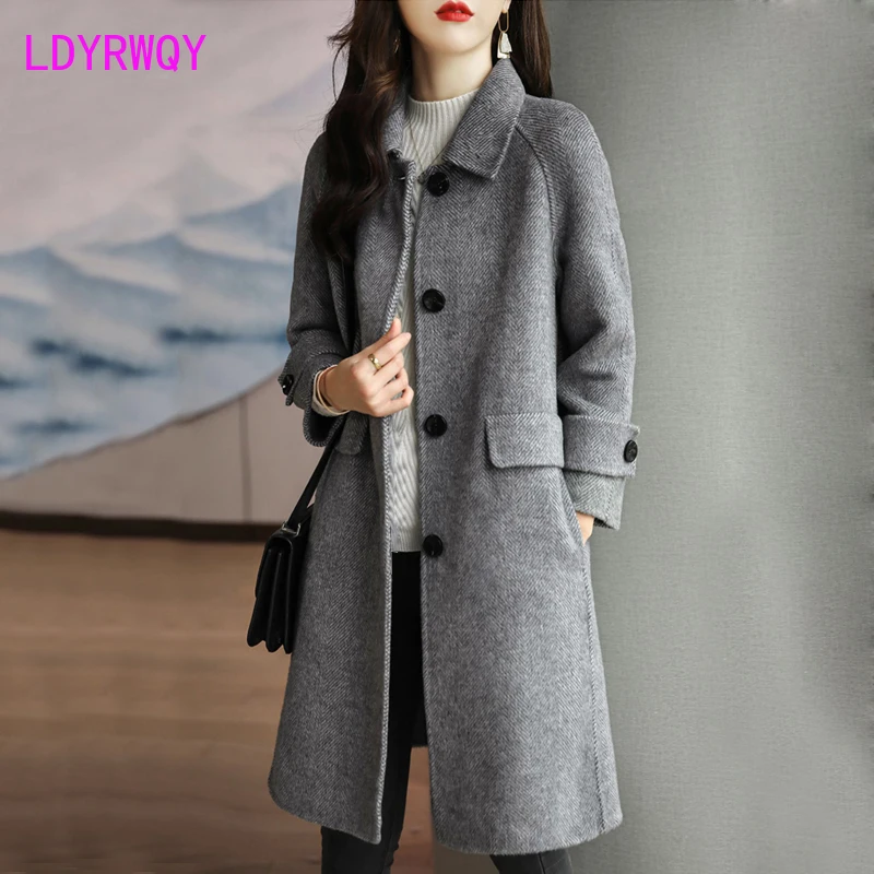 2023 Autumn/Winter New Style Black Woolen Coat Korean Version Women's Mid length Coat european station autumn and winter clothing new women s british style large size loose mid length plaid woolen woolen coat coat