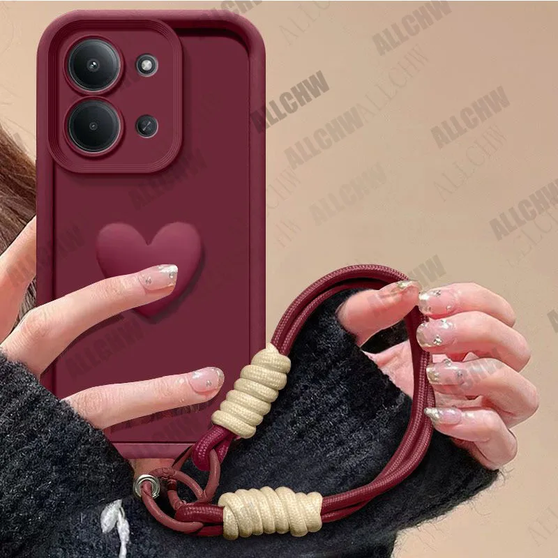 Enhanced Protection TPU Black Case with Love Heart Strap - Shockproof Phone Cover