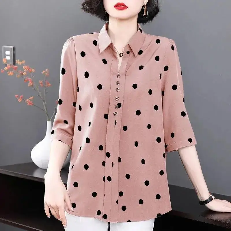 2023 New Versatile Commuter Women's Clothing Simplicity Dot Print Buttons V-neck Half Sleeve Temperament Pullover Shirt