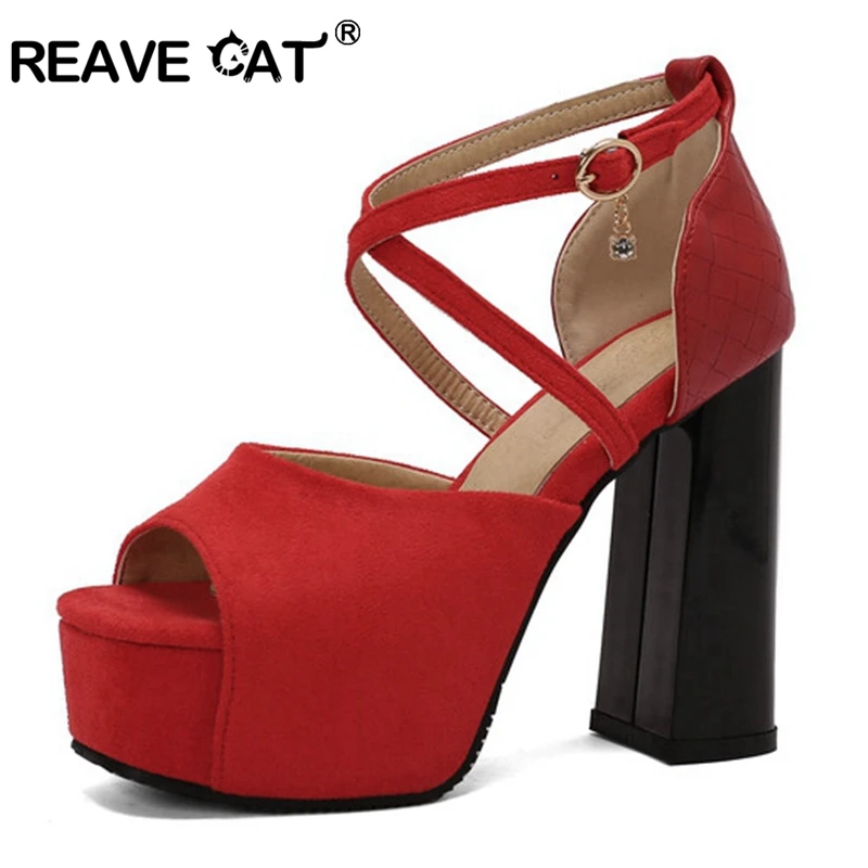 

REAVE CAT Elegant Open Toe Women Sandals 12cm Thick Block Heel 4cm Platform Buckles Cross Strap Big Size 48 49 50 Black Apricot