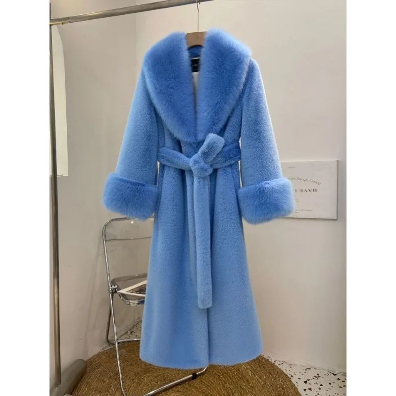 2023 New Women Faux Fox Fur Collar Fur Coat Fashion Long Imitation Marten Overcoat Female Winter Loose Large Size 6XL Warm Parka