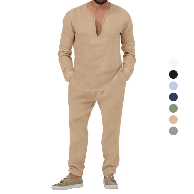 Mens Waffle Long Sleeved Lapel V-neck Top Drawstring Pants Tracksuits 2Pcs Set Outfit Long Sleeve Pants Suit Casual Clothing Set