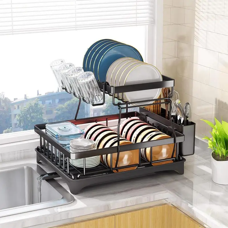 2 Tier Dish Drying Rack Multifunctional Dish Rack for Kitchen Counter,  Stainless Steel Large Capacity Dish Drainer with Drainboard, Utensil  Holder