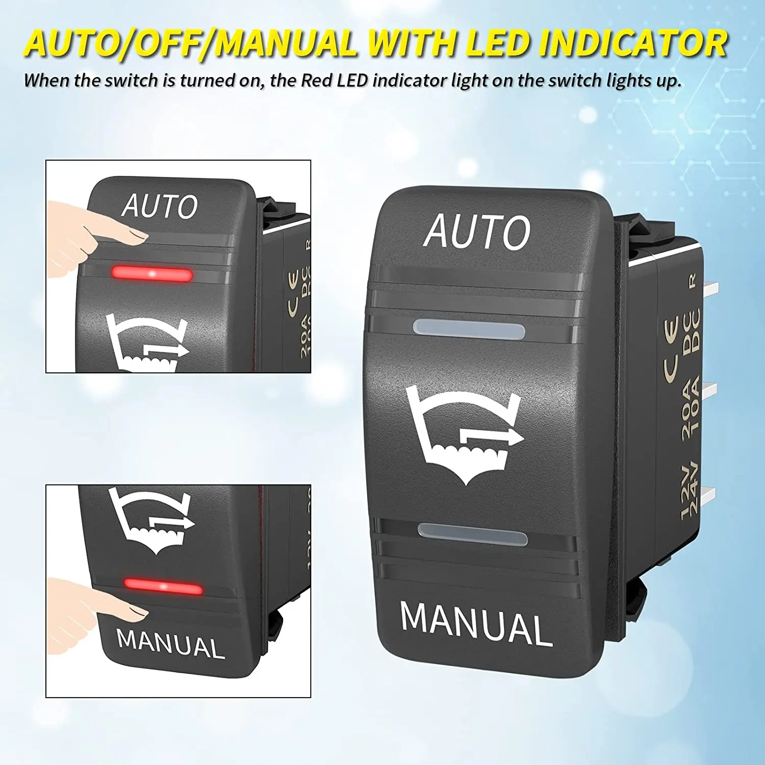 DaierTek 3 Way 20A Bilge Pump Rocker Switch Panel Waterproof 12V 24V 4Pin SPDT Auto/Off/Manual Bilge Pump Switch LED