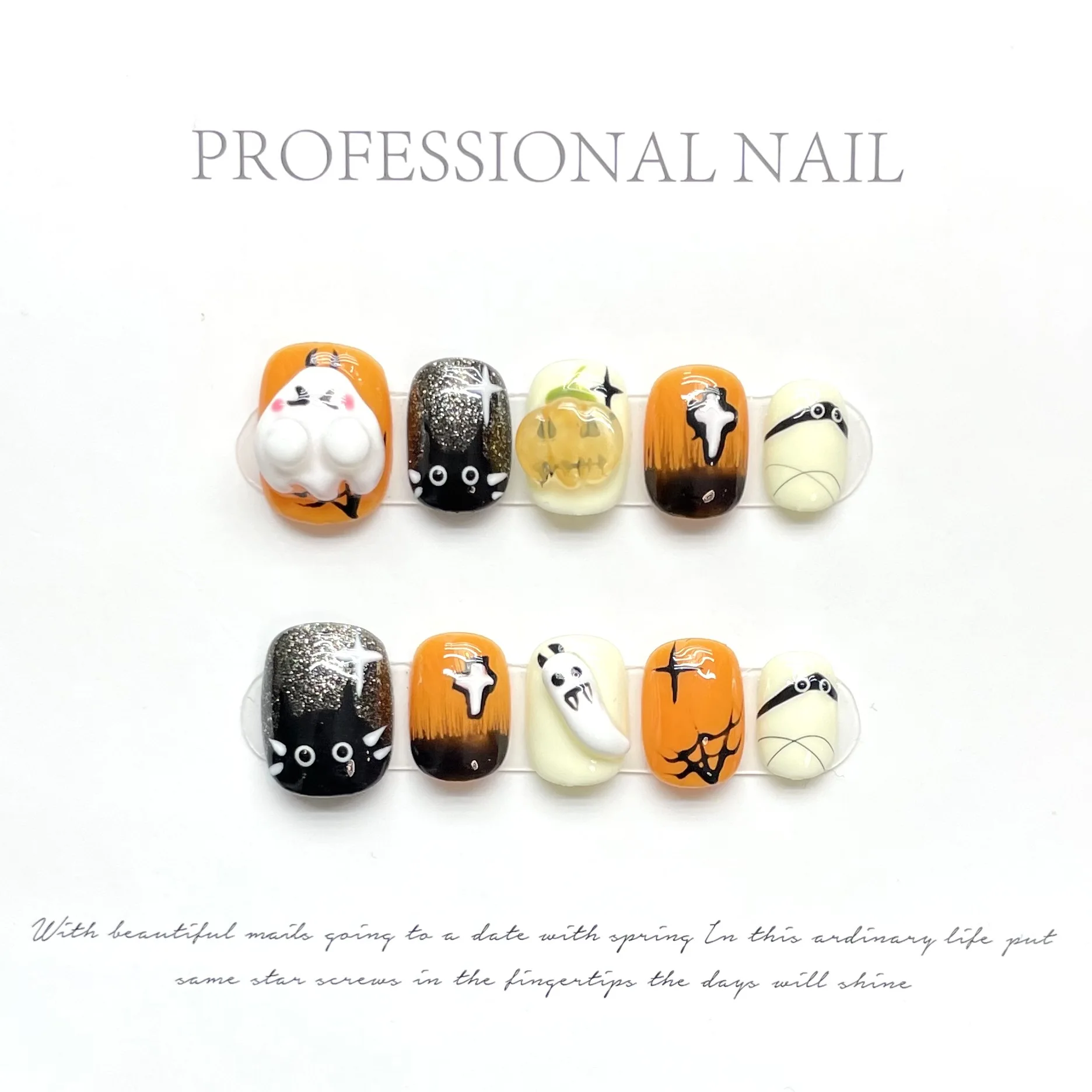 10pcs Short Round Handmade False Nails For Halloween 3D Pumpkin Ghost Spider Decor Press On Nails Sweet Cool Party Fake Nail
