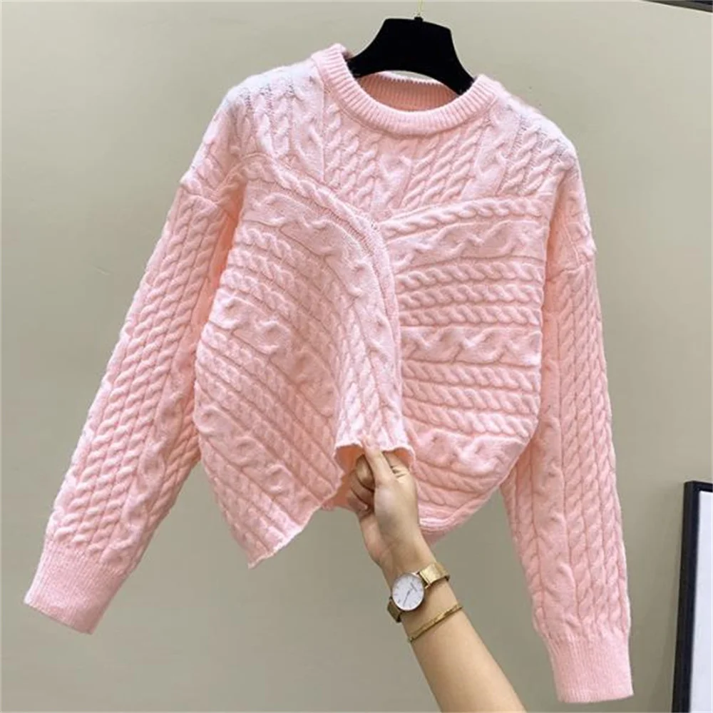 

irregular short Pullover pink twist sweater autumn new loose long sleeve sweater women