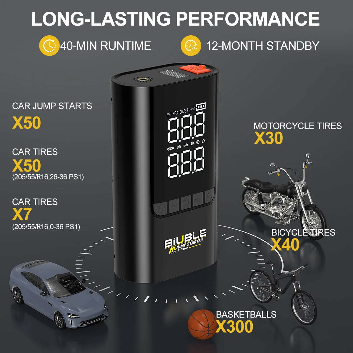 Portable Air Compressor Jump Starter with LCD Screen and 8000mAh Battery