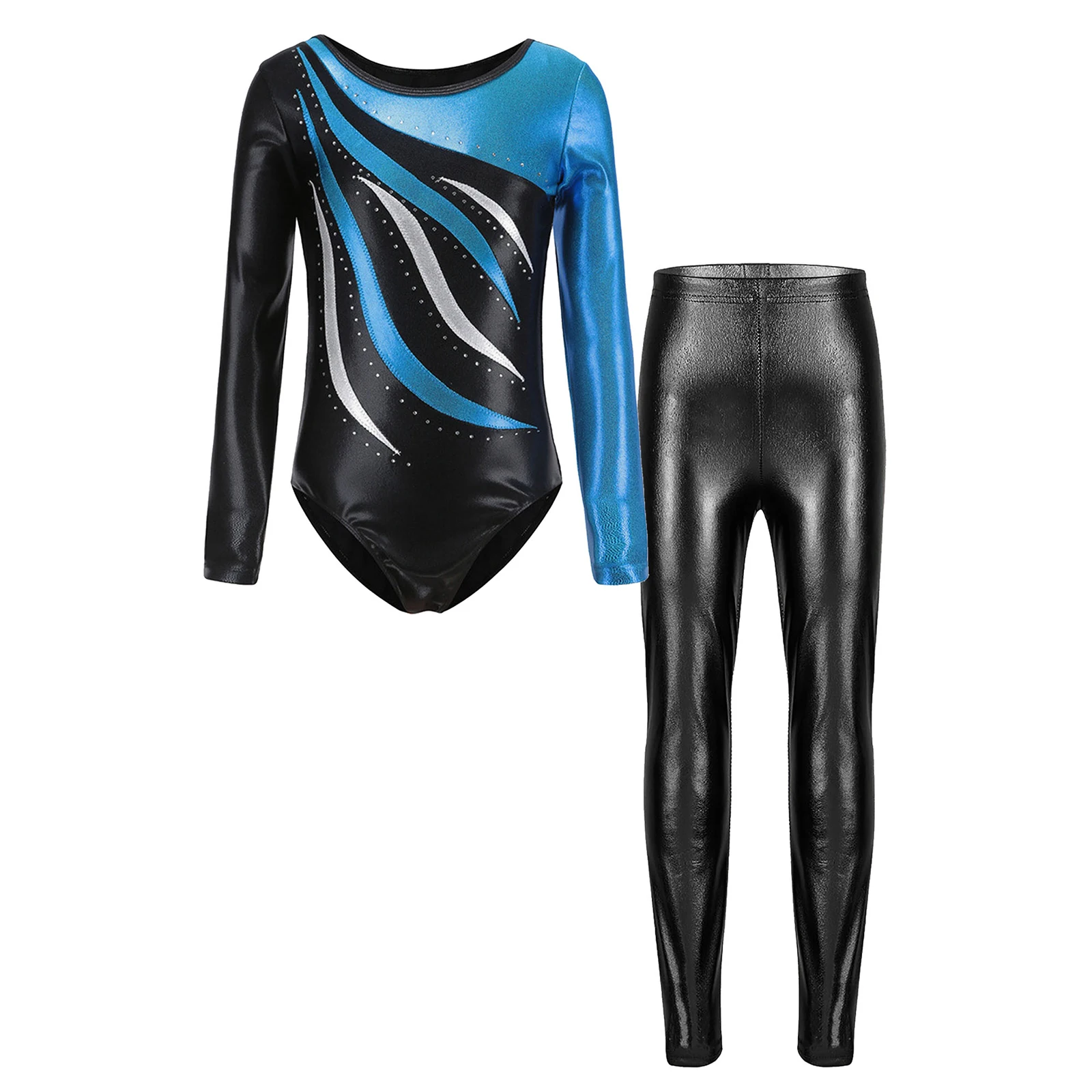 Kids Girls Metallic Rhinestones Gymnastics Dance Bodysuit Outfits Long Sleeve Leotard with Leggings Gym Yoga Fitness Sportswear