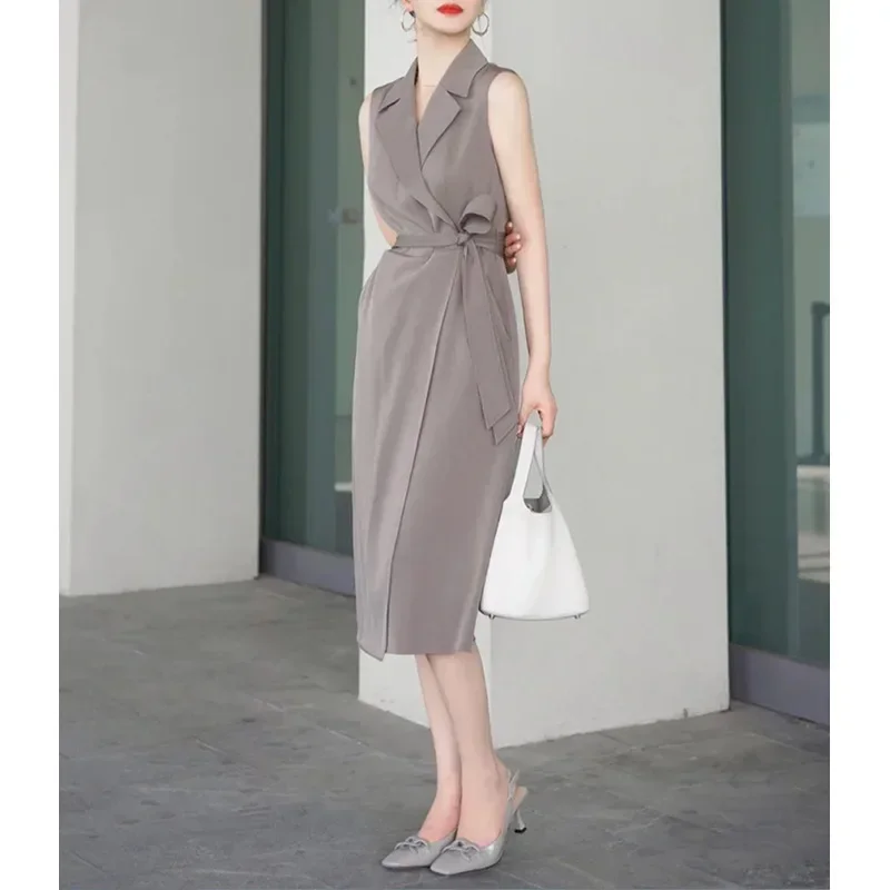 

Woman Gray Sleeveless Slim Waist Suit Dress Office Lady V-Neck Casual Women's Dress LOOKS Thin Sleeveless Long Dress for Women