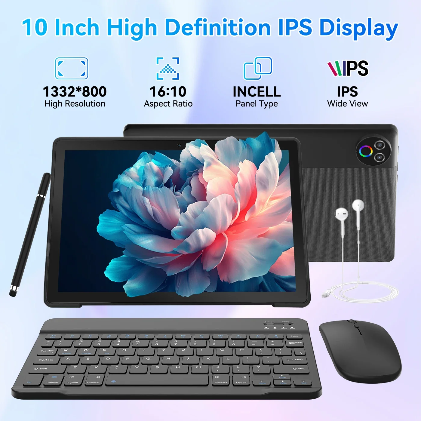 URAO Android 15 Tablet 10.1 Inch 20GB RAM 64GB ROM 5-core Dual Camera Tablets PC Set Keyboard/Case/Mouse/Stylus/Headphone