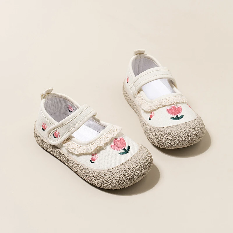 Girls Canvas Shoes Fashion Sweet Embroidery Toddlers Kids Casual Shoes Soft Soled Versatile Children Princess Shoes Ruffled Edge 4