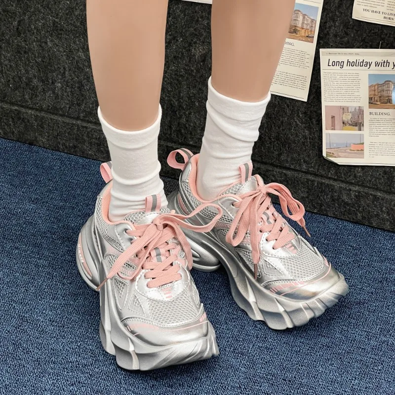 Chunky Sneakers Women Synthetic Leather Round Toe Lace-Up Thick Sole Ladies Shoes Handmade Breathable Ladies Shoes