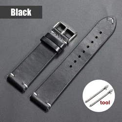 Vintage Oil Wax Leather Watchband - Universal Stitching Cowhide Strap - 20mm (Black)