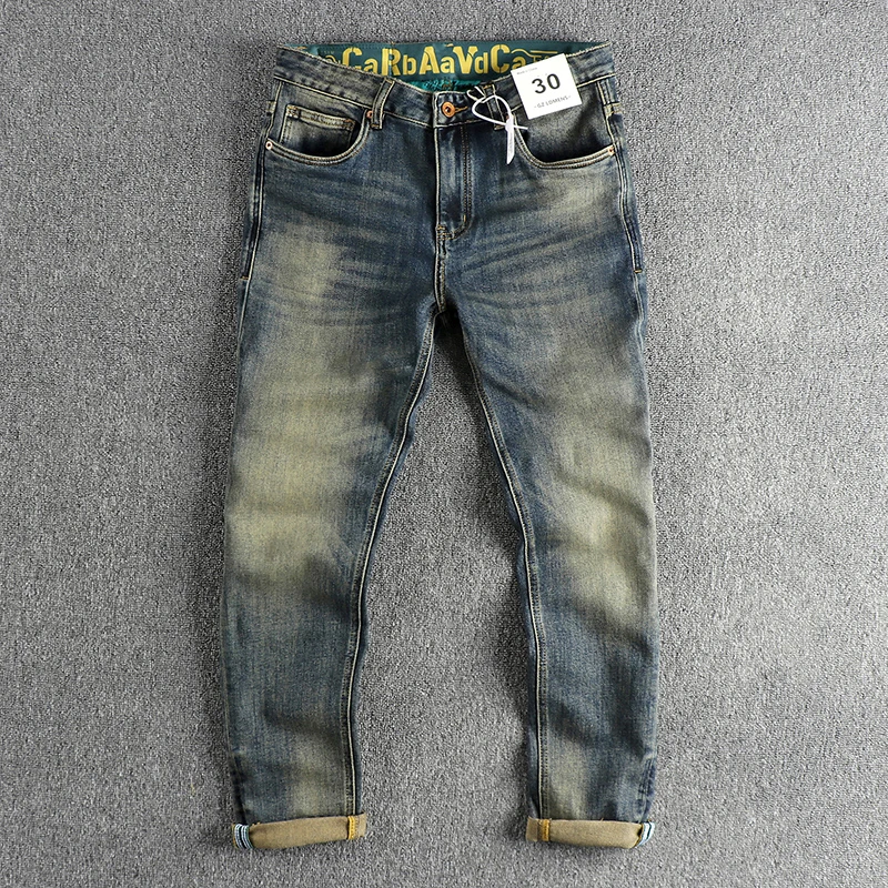 High street heavy vintage blue water wash old jeans men fit small straight leg trend youth long pants classic pants