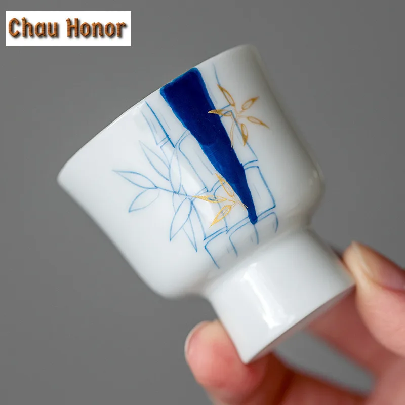 2pc/set Pure Hand-painted Blue Bamboo Ceramic Art Tea Cup Chinese Style Household White Porcelain Kung Fu Tea Master Cups 30ml