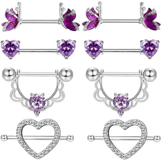Pink Heart Crystal Flower Nipple Jewelry Set - Shiny Barbell Collection