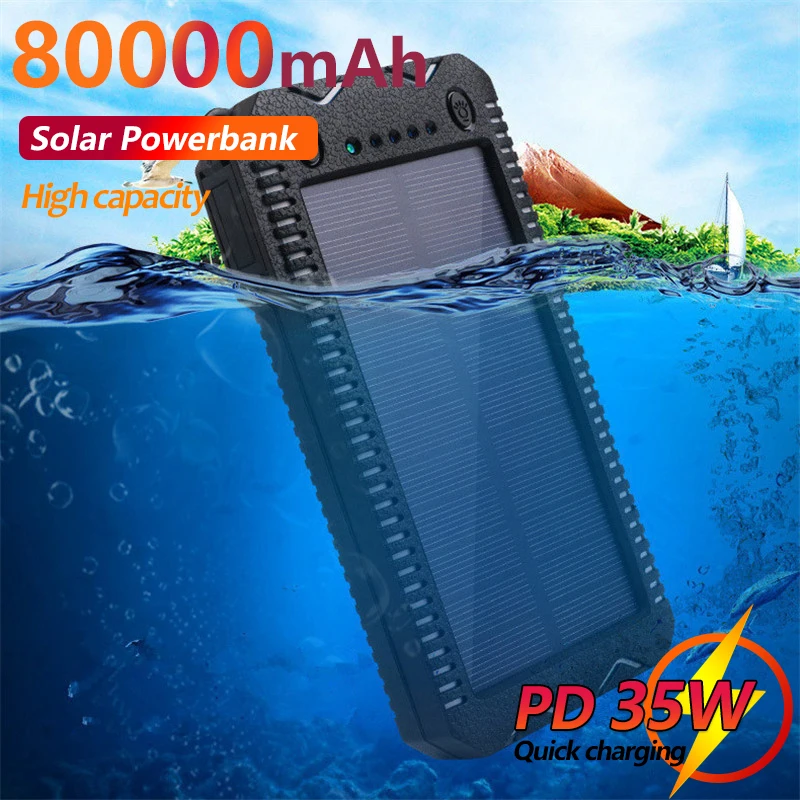 

Solar Power Bank 80000mAh Charger Waterproof Backup Battery Powerbank For Outside Emergency Charger With SOS LED Outdoor Igniter