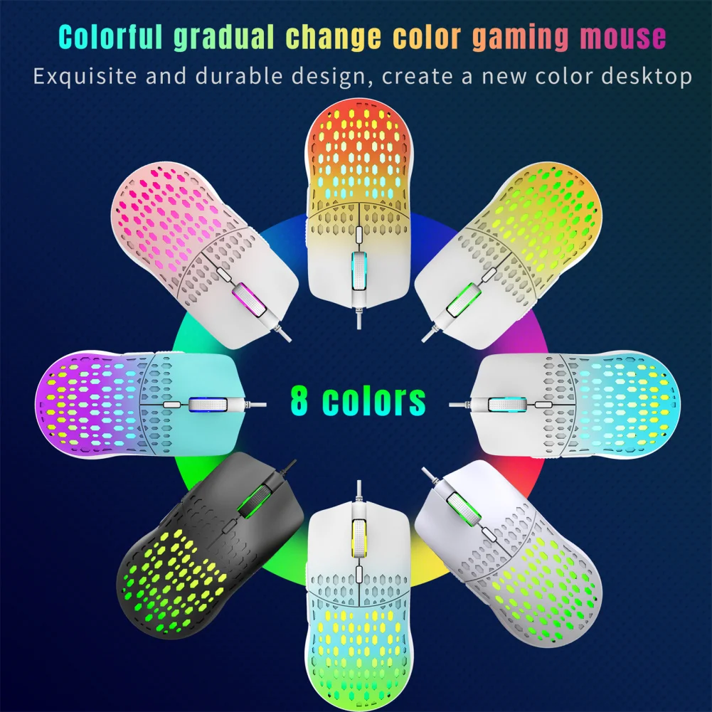 Проводная игровая мышь с 6 кнопками, 3600DPI, 8 цветов, 7 режимов, RGB подсветка, легкие игровые мыши для ноутбука, ПК, игрового настольного компьютера