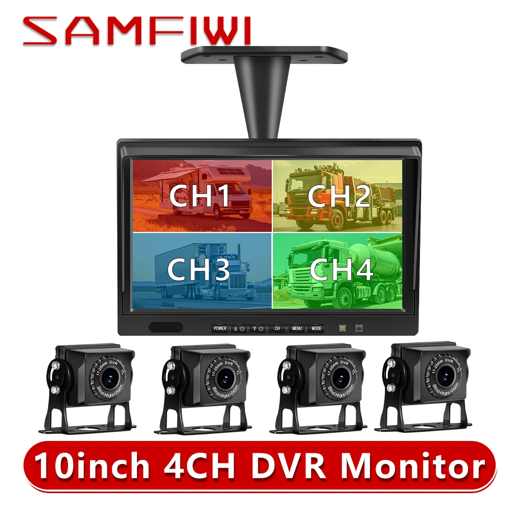 

10 inch AHD 4ch Recorder DVR Car Monitor Vehicle Truck Night Vision Rear View Camera Security Surveillance Split Screen Quad