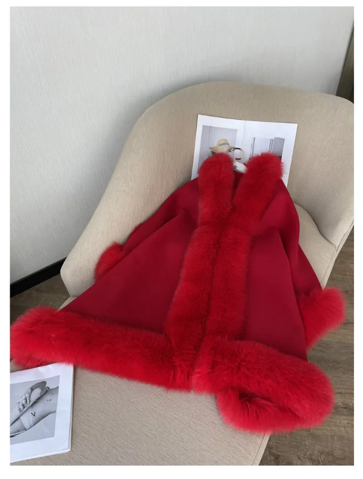 Luxus Frauen Herbst Warme 100% Wolle Schal mit Echten Fuchs Pelz Trim Winter Lange Pashmina Dicken Poncho Wraps Fashoin Cape – Detail 19