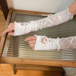Women’s Gothic Lace Fingerless Mesh Gloves - Black Punk Sunscreen Sleeves (Long White)